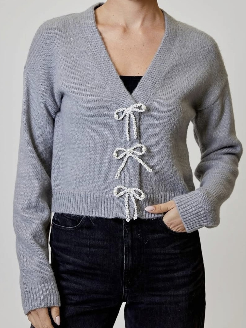 Design History Light Gray Cropped V-Neck Cardigan with Bow Ties
